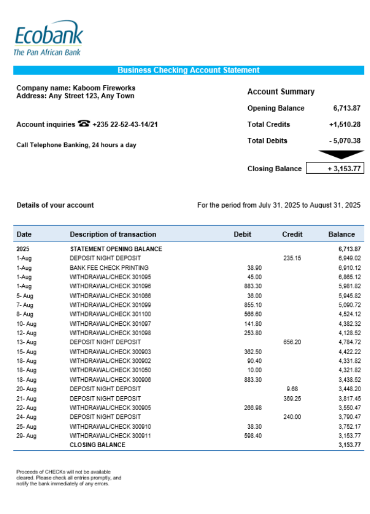 Modèle Word et PDF de relevé de compte courant de l'organisation Ecobank Tchad
